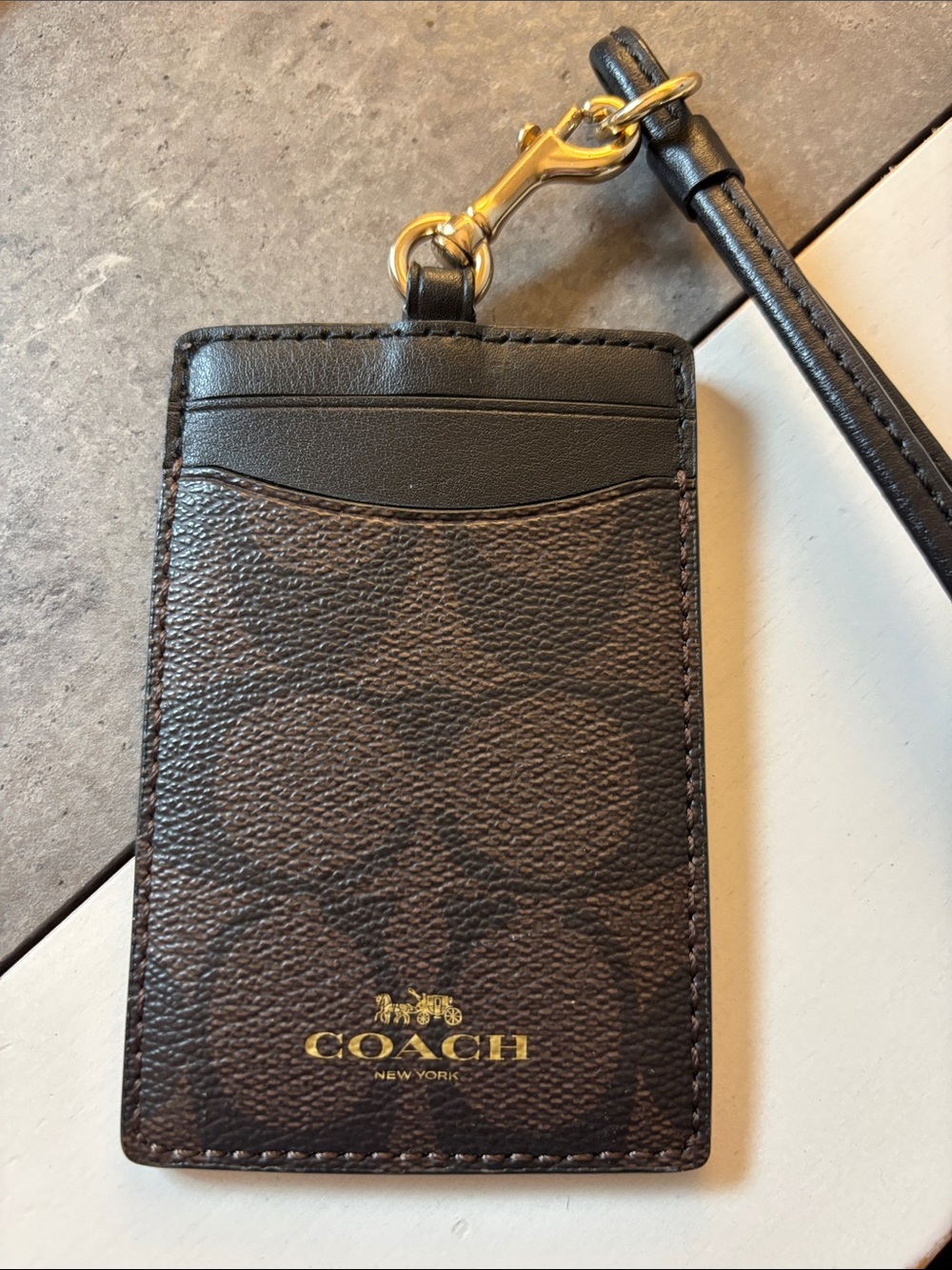 COACH Brown Signature Card Holder with Lanyard and Gold Hardware